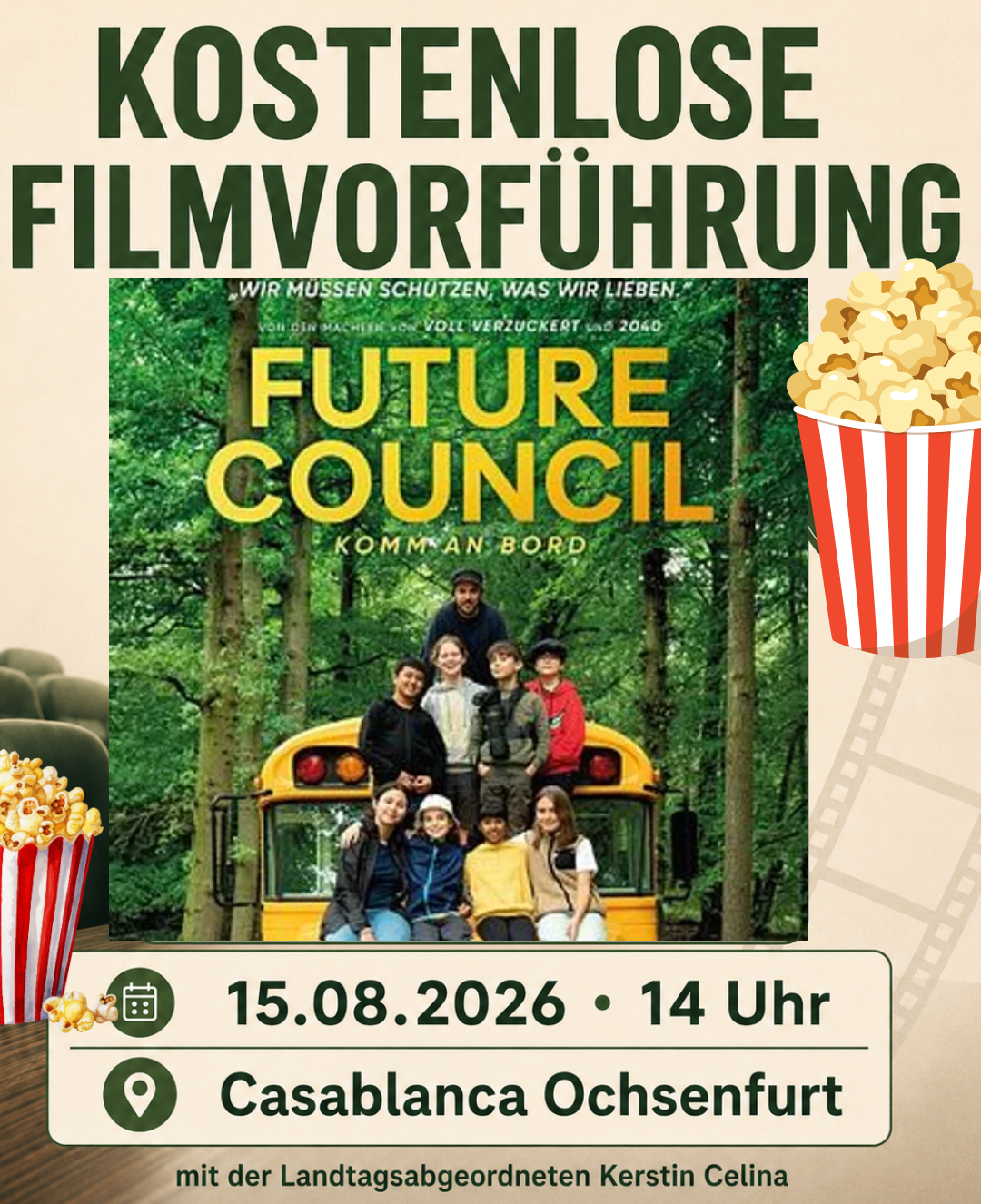 Plakat mit der Aufschrift "Kostenlose Filmvorführung"